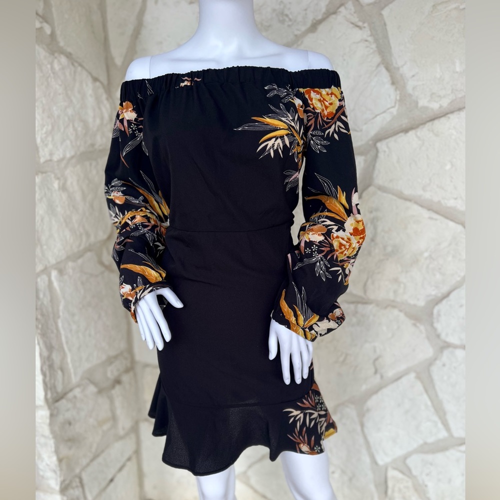 YOINS Black Long Sleeve Dress w/ Orange Floral Print